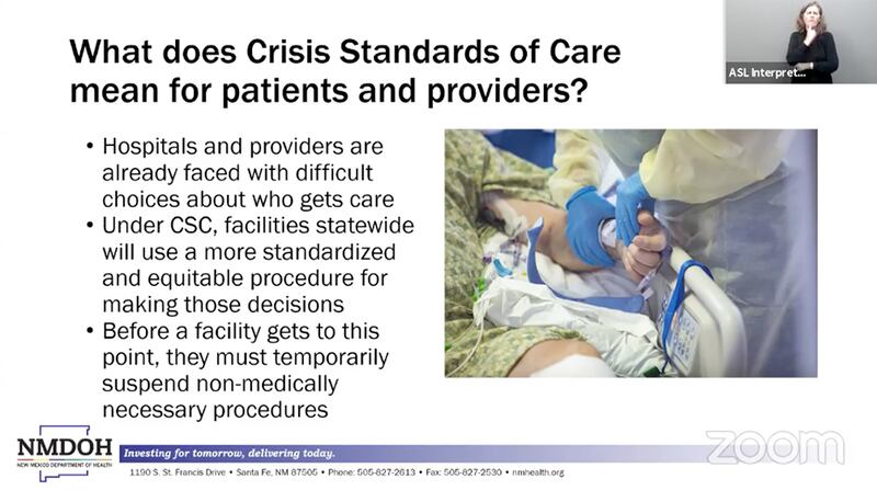 Slide, "What does Crisis Standards of Care mean for patients and providers." NMDOH, 10.18.21