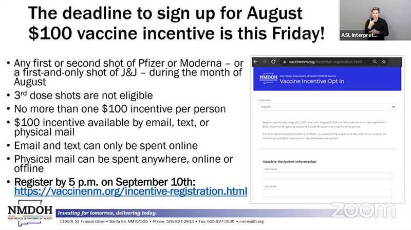 Slide, "The deadline to sign up for August $100 vaccine incentive is this Friday!" NMDOH 9/8/21.